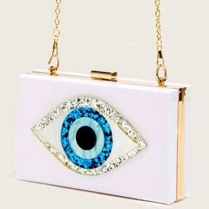 Acrylic white evil eye clutch purse bag with gold chain strap